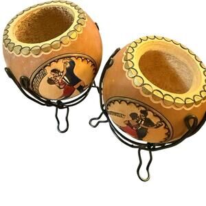 Vintage Hand Carved Mexican Gourd Cups w/ Iron Stands Tango Dancers Folk Art 2